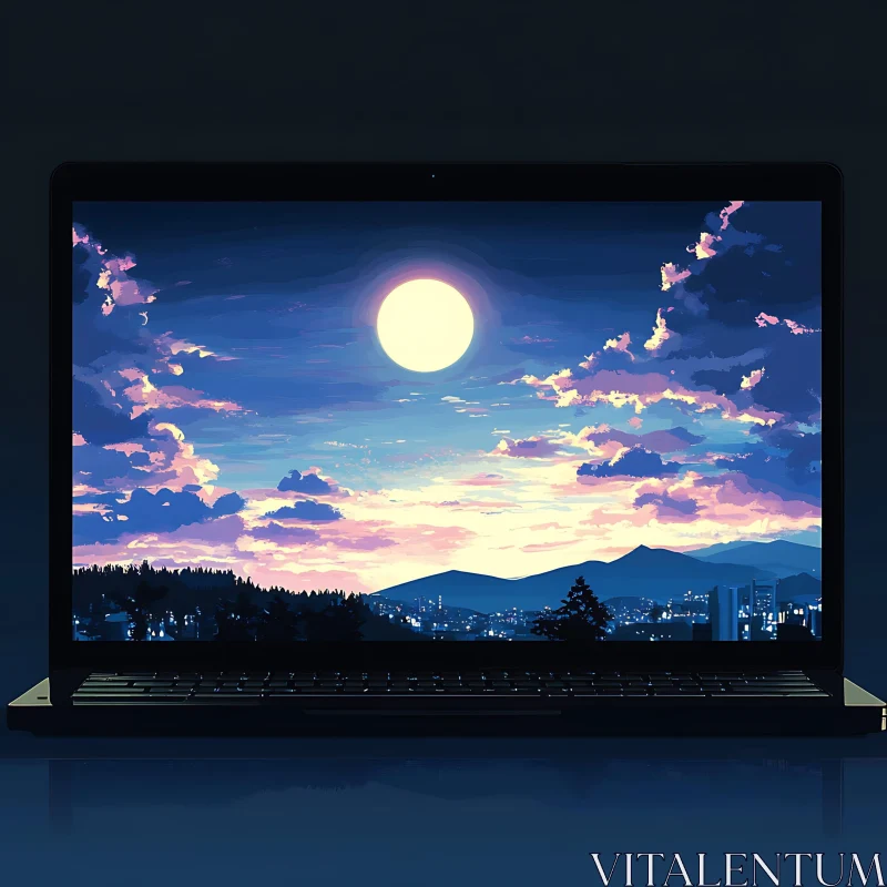 Surreal Depiction of a Night Landscape on a Laptop Screen AI Image