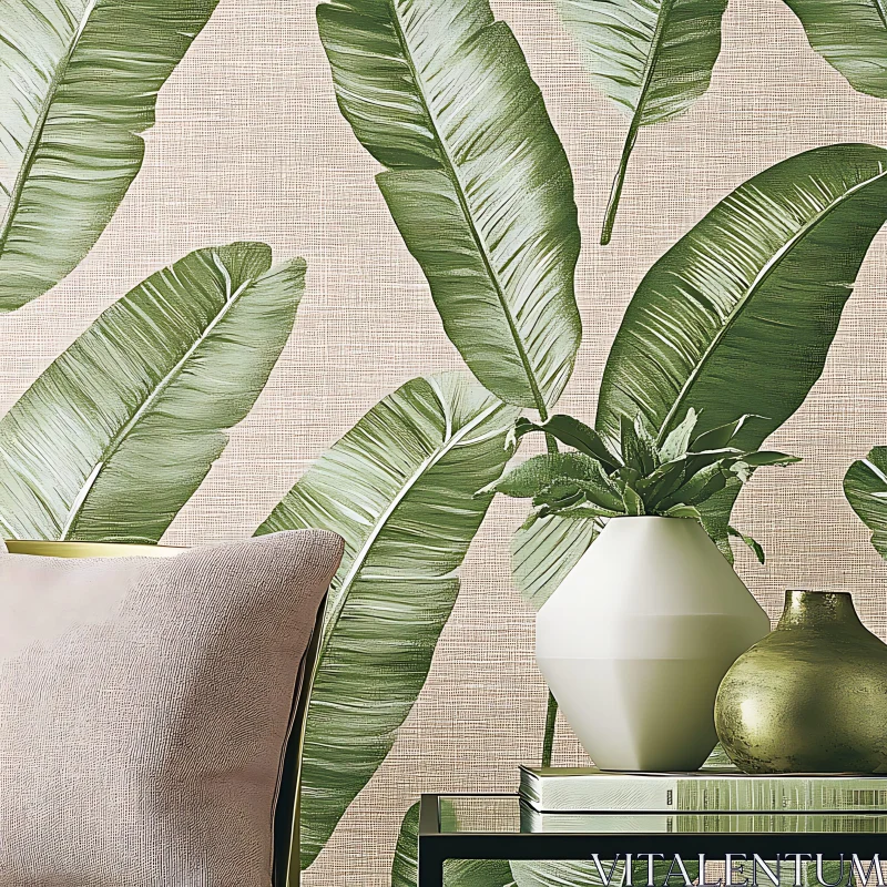 Modern Home Decor with Tropical Leaf Pattern Wallpaper AI Image