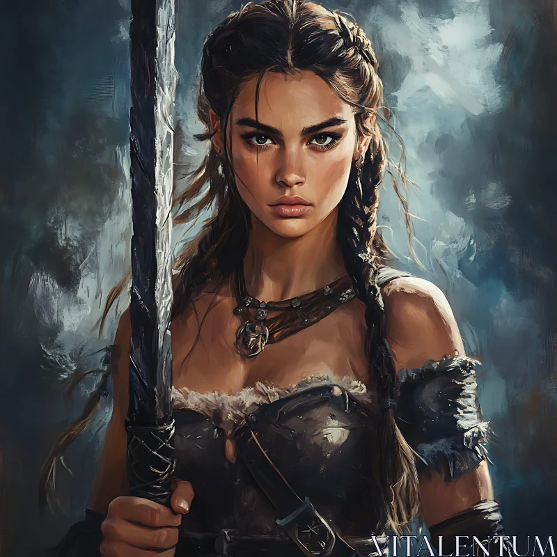 Female Warrior Portrait with Braids and Sword AI Image