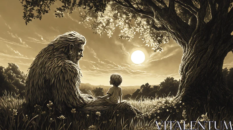 A Boy and Bigfoot Under the Sunlight AI Image