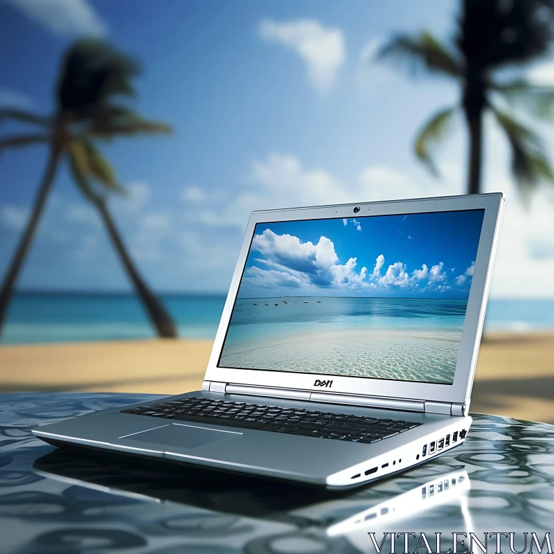 Beachside Laptop with Ocean View Screen AI Image