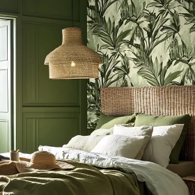 Tranquil Bedroom Decor with Wicker Elements and Green Accents