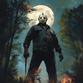 Moonlit Horror: Masked Character in Woods