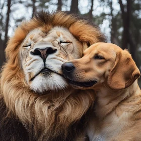 Unlikely Friends: Lion and Dog Embrace