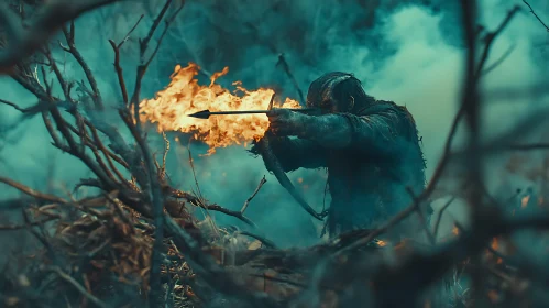 Warrior Aiming Fire Arrow in Smoky Forest