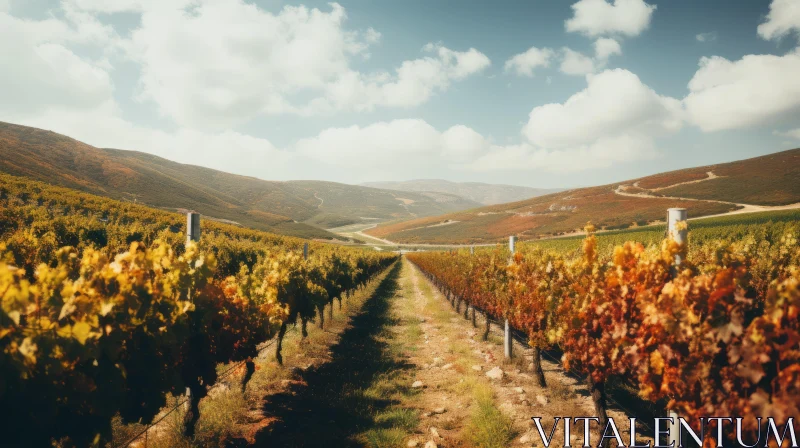 Enchanting Autumn Vineyard Amidst Mountainous Landscape AI Image