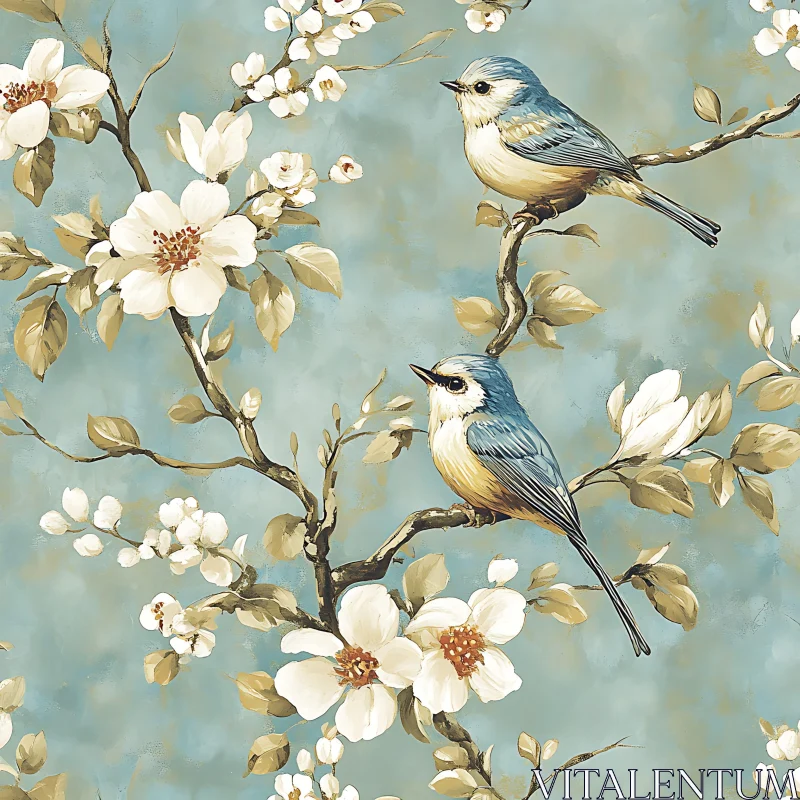 Birds and Blossoms Illustration AI Image