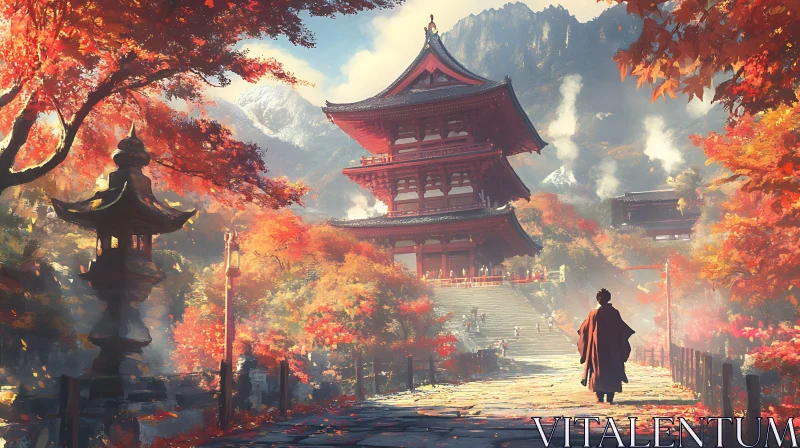 Japanese Temple in Autumn Landscape AI Image