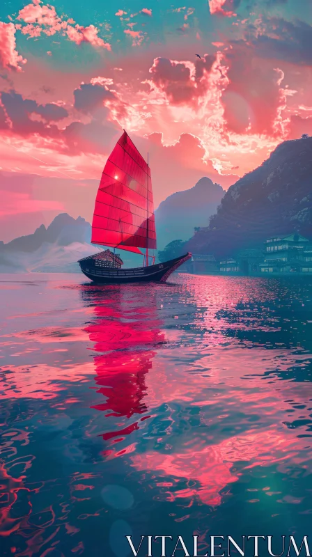 AI ART Sunset Sailboat Serenity