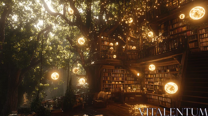 AI ART Whimsical Treehouse Library with Glowing Orbs