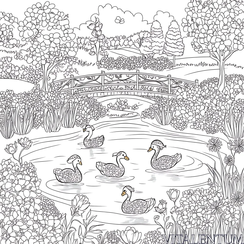 Tranquil Pond with Swans and Floral Surroundings AI Image