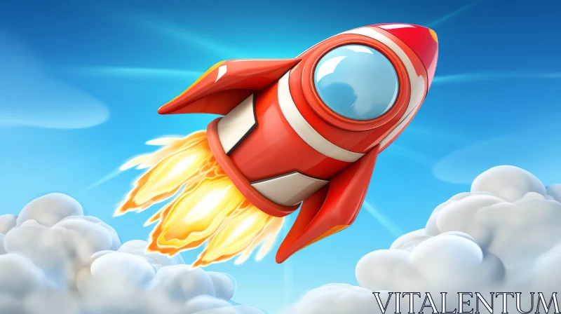 Red Rocket Ascending Above Clouds - Colorful and Action-Packed Illustration AI Image