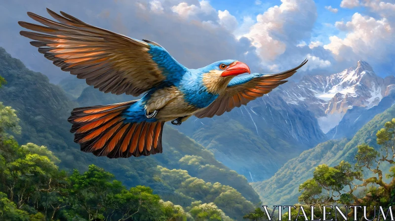 Colorful Bird Flying Above Mountain Peaks AI Image