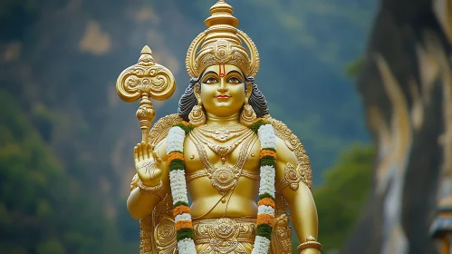 Golden Hindu Deity Statue with Floral Garlands