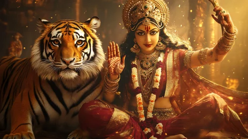 Majestic Goddess and Tiger Illustration