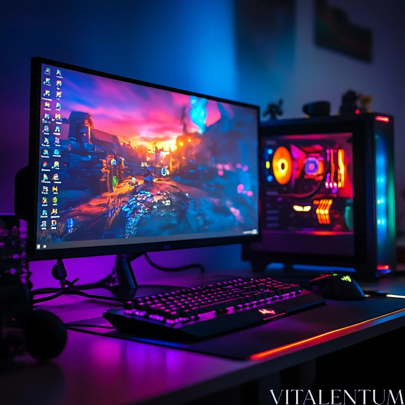 High-Tech Gaming Desk with RGB Glow AI Image