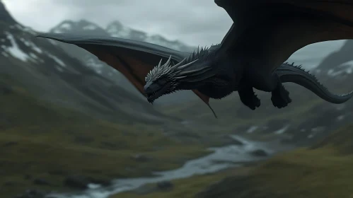 Dragon Soaring Above Valley Landscape