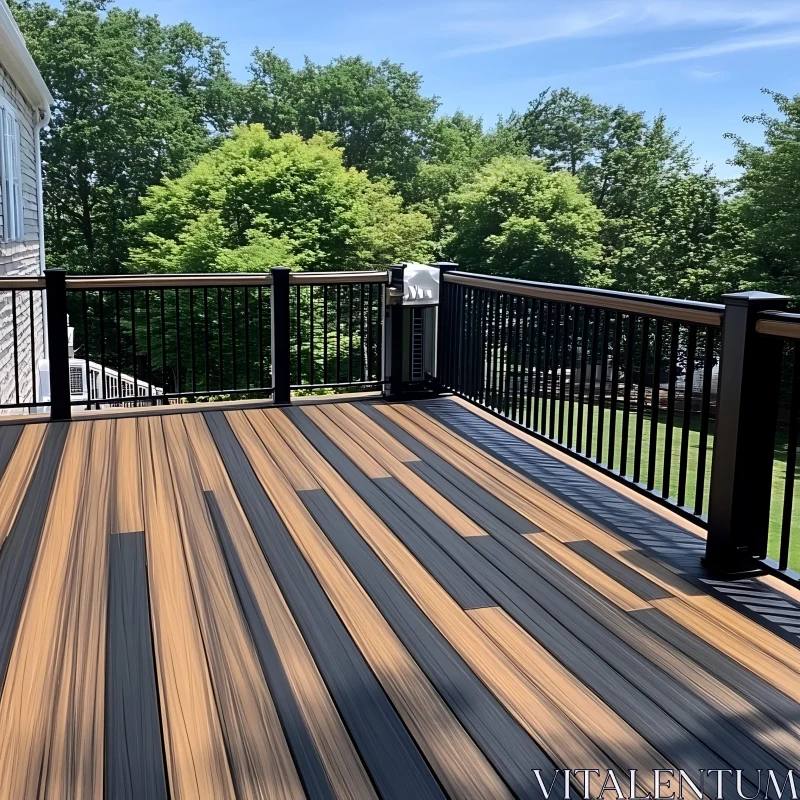 AI ART Stylish Balcony with Wooden Decking and Black Railings