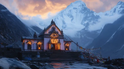 Mountain Temple at Sunset