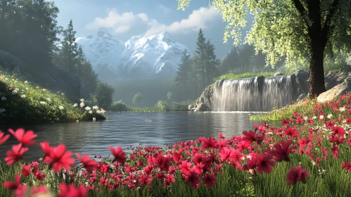 Serene Landscape with Waterfall and Mountains