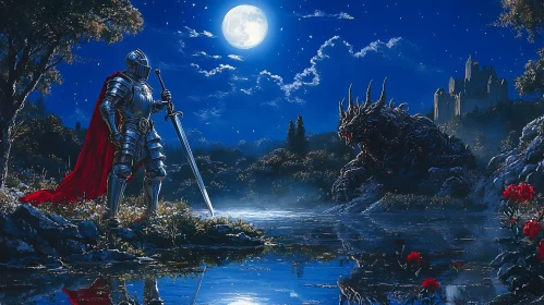 Moonlit Encounter: Knight vs Dragon