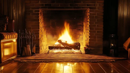 Inviting Fireplace with Glowing Fire and Wooden Interior