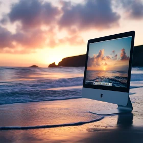 Sunset Beach with Computer Monitor Reflection