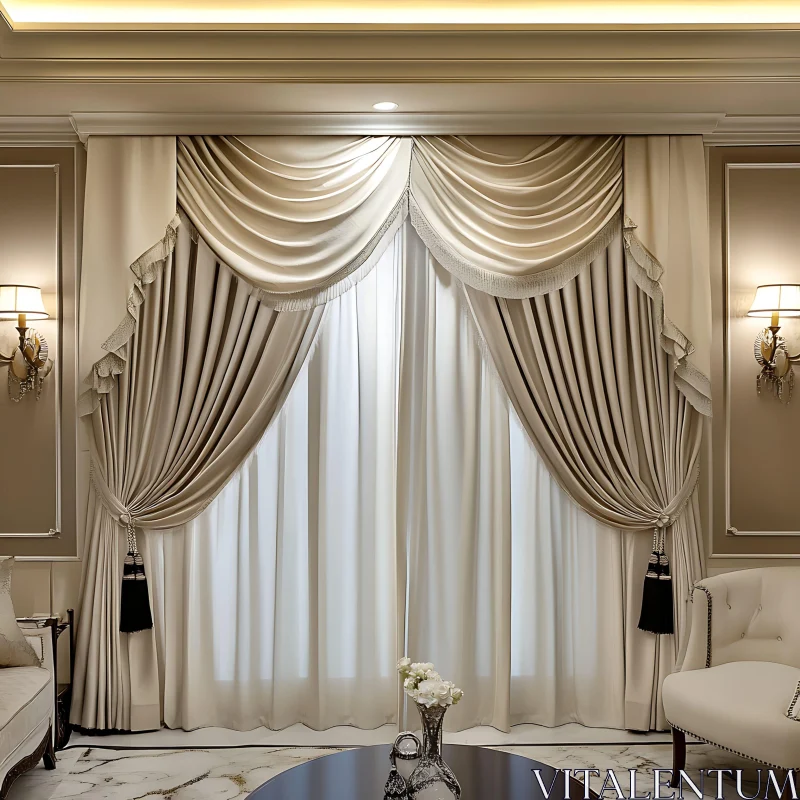 Elegant Draped Curtains in Luxurious Living Room Interior AI Image