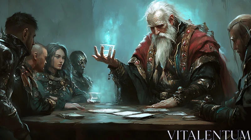 Wizard and Companions at the Table AI Image