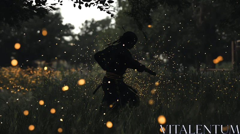 AI ART Silhouette of Warrior in Firefly Field