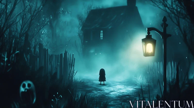 Misty House and Solitary Figure AI Image