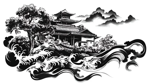 Monochrome Japanese Architecture Illustration