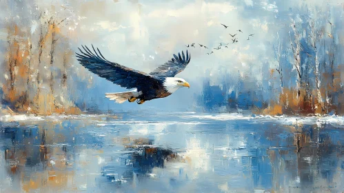 Eagle in Flight Over Reflective Waters