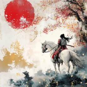 Japanese Warrior on White Horse Art