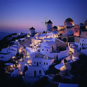 Santorini at Dusk: White Buildings and Windmills