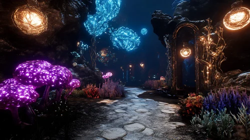 Luminous Mushrooms in Fantasy Cave