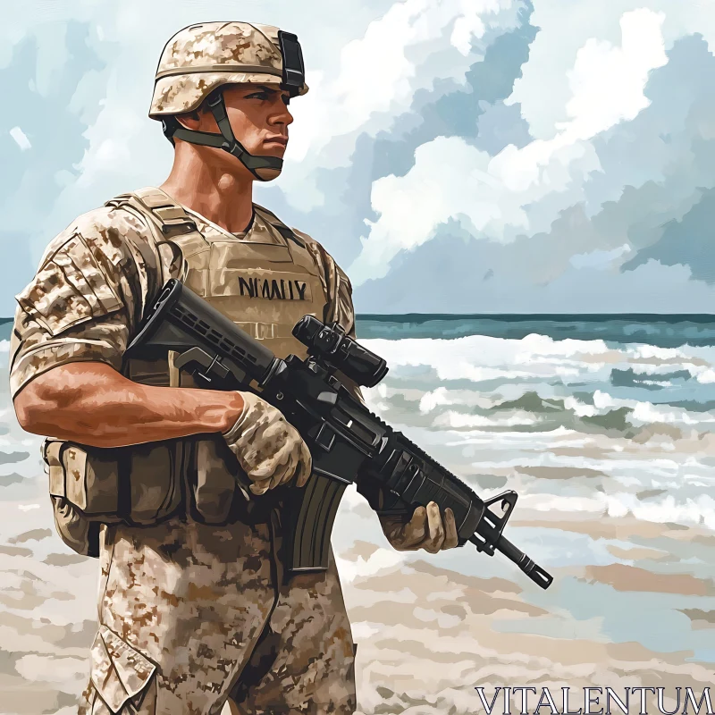 AI ART Beachfront Soldier: A Moment of Vigilance