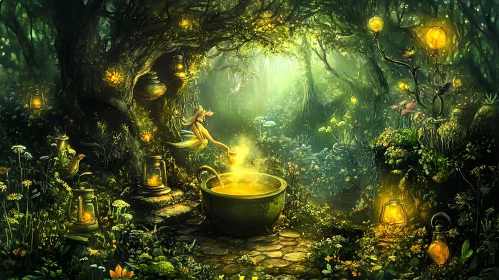 Mystical Forest with Fairy and Lanterns