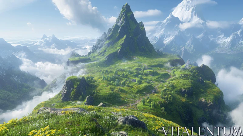 Mountainous Paradise with Snow-Capped Peaks and Verdant Valleys AI Image