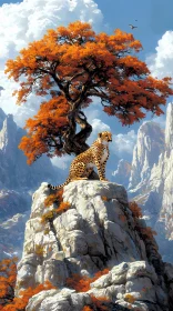 Cheetah on Rocky Cliff with Orange Trees