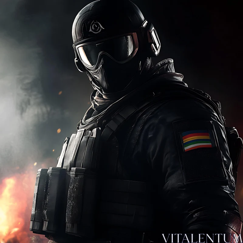 Tactical Soldier Amidst Fire and Smoke AI Image