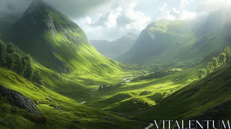 Scenic Mountain Valley with Lush Greenery AI Image