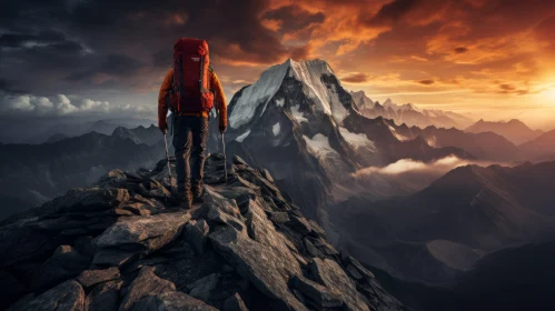 Backpacker on Mountain Summit at Sunset - A Tranquil Fantasy Landscape