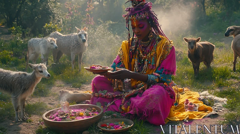 Woman in Ceremony with Animals AI Image