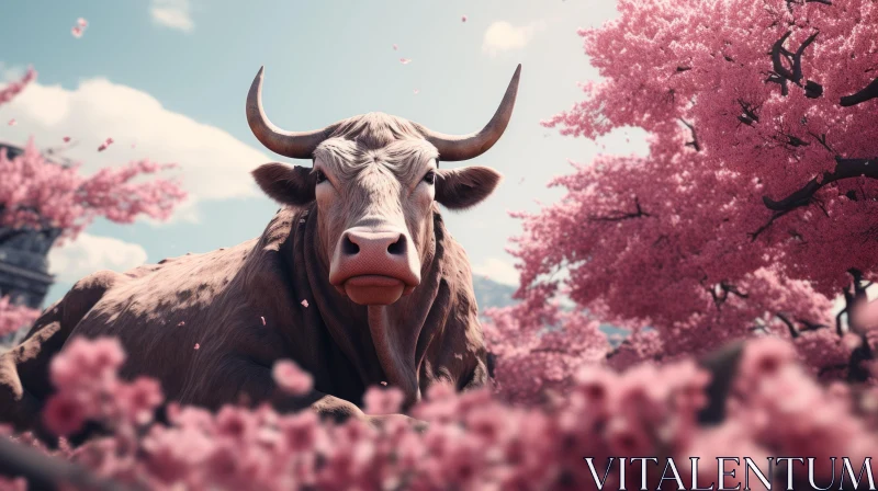 Bull Among Cherry Blossoms: A Blend of Nature and Folklore AI Image
