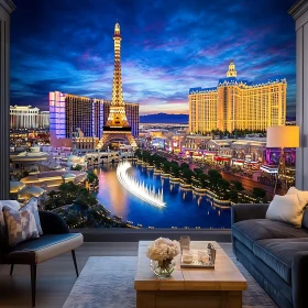 Bright City Lights and Skyline at Night from Modern Room