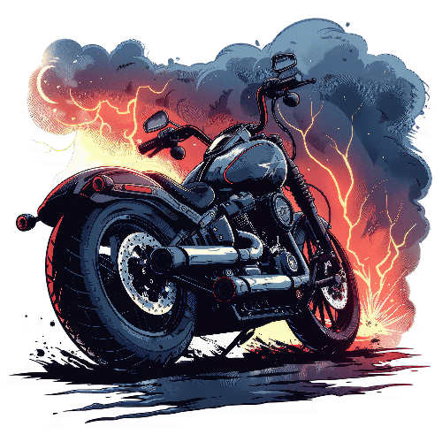 Cartoon Motorcycle Enveloped in Colorful Smoke and Lightning POD Design