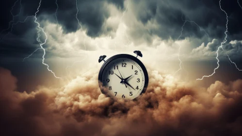 Clock in Stormy Sky with Lightning Strikes - Surrealistic Art