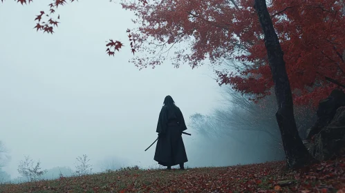 Samurai in Foggy Autumn Landscape