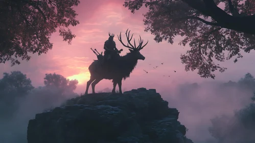 Silhouette of Warrior and Deer